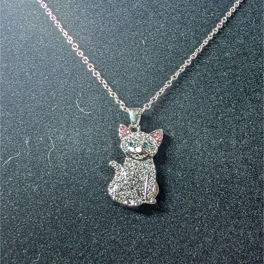 Silver-Tone Crystal Cat Pendant Necklace - Pink & Silver Accents